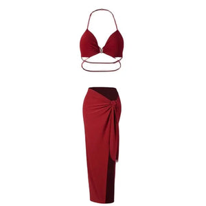 Women's Halter Neck Ruched Two-Piece Set with High Slit Skirt, Red, Black, White, Latin Dance