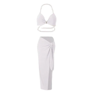 Women's Halter Neck Ruched Two-Piece Set with High Slit Skirt, Red, Black, White, Latin Dance