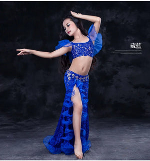 Girls Red Lace Ruffle Belly Dance Costume Set