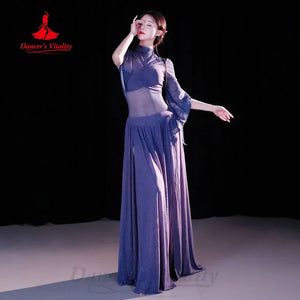 Women's Black & White Halter Crop Top and Flowy Pants Set with Bell Sleeves for Belly Dance