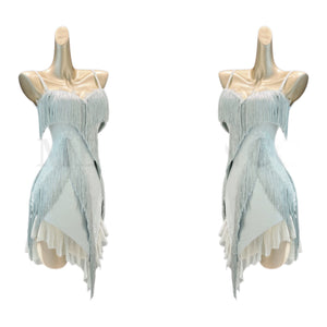 Women's Light Blue/Black Fringe Asymmetrical Hem Latin Dance Dress