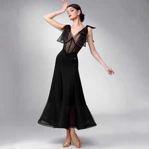 Women's Black Sheer Mesh & Bow Detail Ballroom Latin Rhythm Dance Dress with Beaded Hem