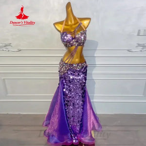 Belly Dance Costume Women's Purple Sequin Halter Top & Mermaid Skirt with Beaded Fringe - Professional Performance Outfit