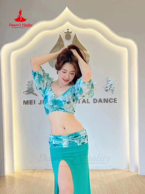 Women's Pink Floral Crop Top & Slit Skirt Belly Dance Costume