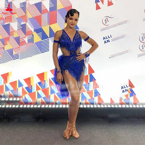 Women's Latin Dance Dress With Ostrich Feather Fringe Sleeveless Blue For Performance And Competition