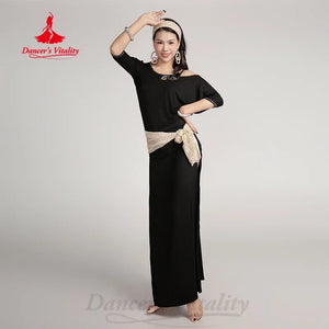 Belly Dance Dress Women's Black Gold Sequin Slit Long Sleeve Maxi Dress with Hip Scarf