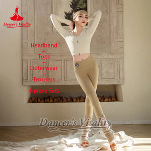 Women's Beige Long Sleeve Leotard with Leggings and Leg Warmers for Dance Practice