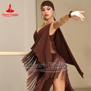 Latin Dance Dress Women Brown Fringe Sleeveless Sheer Mesh Back Standard Rumba Cha-Cha Samba Tango Ballroom Performance Costume