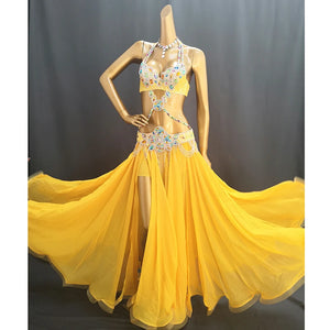 Belly Dance Costume, Women's Royal Blue Sequin Halter Top & High Slit Skirt, Chiffon & Beaded Professional Dancewear