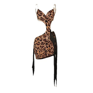 Women's Leopard Print Black Fringe Cutout Latin Dance Dress
