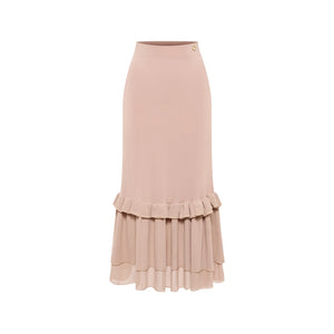 Women's Nude Chiffon One-Shoulder Ruffle Bodysuit & Skirt Latin Dancewear Set