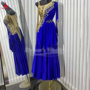 Ballroom Dance Dress Women's Royal Blue & Gold Embellished Asymmetrical Long Sleeve Standard Waltz Gown