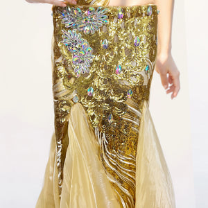 Belly Dance Costume Womens Gold Sequin Halter Top High Slit Skirt Set