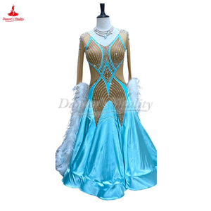 Ballroom Dance Dress Women's Light Blue Mesh Rhinestone Feather Modern Waltz Dance Competition Gown