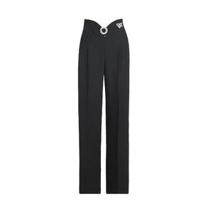 Women's Black & Green High Waist Pleated Wide Leg Ballroom Dance Pants