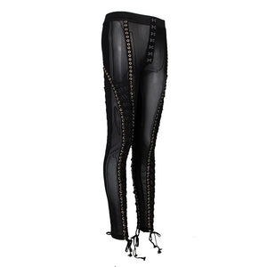 Black Mesh Lace-Up Pants with Gold Eyelet Details