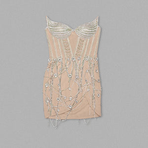 Embellished Apricot Backless Tube Top Mini Dress with Cross Tassels