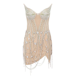 Embellished Apricot Backless Tube Top Mini Dress with Cross Tassels