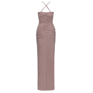 Elegant Satin Backless V-Neck Dress with Pleated Detail and Thigh-High Slit