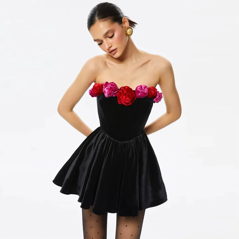 Black Velvet Strapless Dress with Multicolor Rose Accents and Flared Skirt