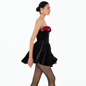 Black Velvet Strapless Dress with Multicolor Rose Accents and Flared Skirt