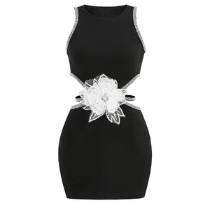 Elegant Black Backless Mini Dress with Diamond Waist and Floral Detail