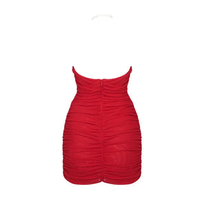 Floral Accented Deep V-Neck Red Bandage Dress with Slim Fit