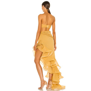Elegant Yellow Strapless Dress with Waist Cut-out and Asymmetrical Ruffled Skirt