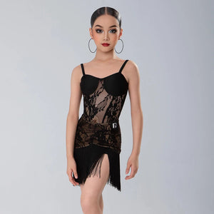 Girls Black Lace Fringe Latin Dance Dress