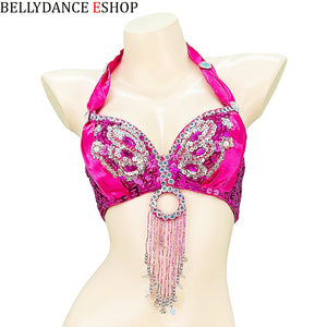 Belly Dance Bra Top, Women's Red Sequin & Beaded Halter Top with Fringe, Belly Dancing Costume