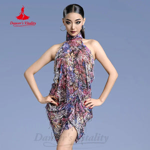 Ballroom Dance Dress Women's Multicolor Halter Neck Fringe Ruffle Latin Salsa Cha-Cha Rumba Performance Costume