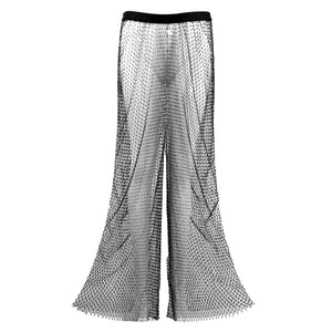 High Waisted Crystal Mesh Flare Pants with Rhinestone Fishnet Overlay and Split Hem
