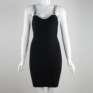 Elegant Black Mini Dress with Crystal Trim, V-Neck Rhinestone Bandage Bodycon for Summer