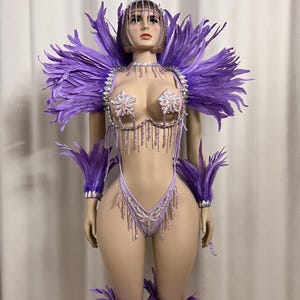 Women's Purple Feathered Rhinestone Crystal Bodysuit, Carnival Dance Costume