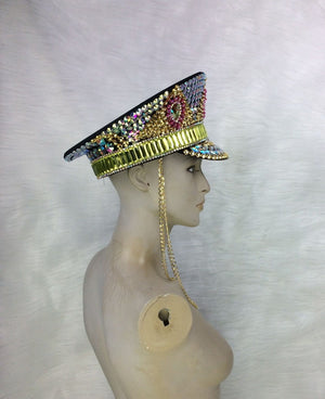 Unisex Iridescent Rhinestone Gold Pink Green Embellished Chain Detail Visor Hat, Rave Festival Dance Cap