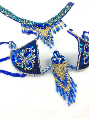 Belly Dance Costume Women's Blue & Gold Beaded Crystal Rhinestone Bra & Belt Set with Armbands