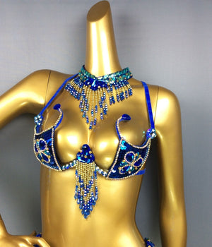 Belly Dance Bra Top and Necklace Set, Women's Royal Blue Sequin & Bead Embellished Fringe Costume, Oriental Dance Performance Wear