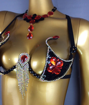 Belly Dance Bra Top and Necklace Set, Women's Royal Blue Sequin & Bead Embellished Fringe Costume, Oriental Dance Performance Wear