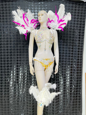 Carnival Dancewear Women's White & Gold Rhinestone & Feather Embellished Bikini Set with Headpiece & Shoulder Accents, Samba/Carnival Dance