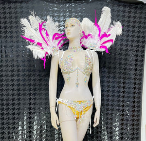 Carnival Dancewear Women's White & Gold Rhinestone & Feather Embellished Bikini Set with Headpiece & Shoulder Accents, Samba/Carnival Dance