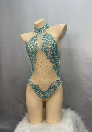 Dance Leotard Women's Teal Crystal Embellished Mesh Halter Neck Bodysuit, Latin Ballroom Performance Dancewear