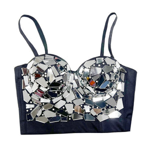 Women's Black & Silver Mirrored Sequin Rhinestone Sweetheart Neck Crop Top for Dance Performances