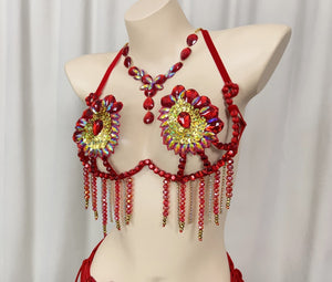 Belly Dance Bra Top, Women's Orange & Blue Sequin & Rhinestone Beaded Halter Top, Tribal Fusion Dancewear