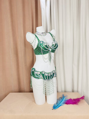 Belly Dance Costume, Women's Silver Sequin & Bead Embellished Bra and Belt Set with Draping Chains, Adult Tribal Fusion Dancewear