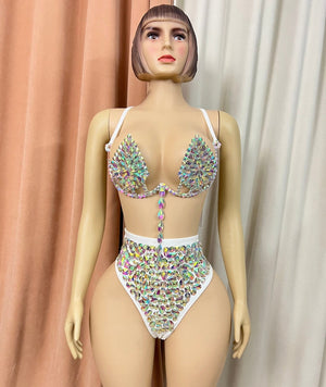 Women's White Iridescent Crystal Embellished Two-Piece Lyrical Dance Costume - Bra Top and High-Waist Briefs