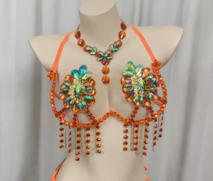 Belly Dance Bra Top, Women's Orange & Blue Sequin & Rhinestone Beaded Halter Top, Tribal Fusion Dancewear