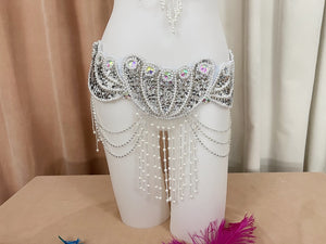 Belly Dance Costume, Women's Silver Sequin & Bead Embellished Bra and Belt Set with Draping Chains, Adult Tribal Fusion Dancewear