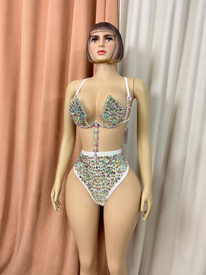Women's White Iridescent Crystal Embellished Two-Piece Lyrical Dance Costume - Bra Top and High-Waist Briefs