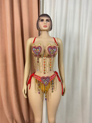 Carnival Dance Costume Women's Red and Gold Sequin Feathered Headdress Bustier and Bottoms with Chains and Armbands Samba Dance