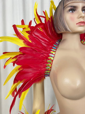 Feather Dance Costume, Women's Red Yellow Feathered Sequin Trim Shoulder Piece Armbands Ankle Cuffs, Carnival Samba Latin Dance